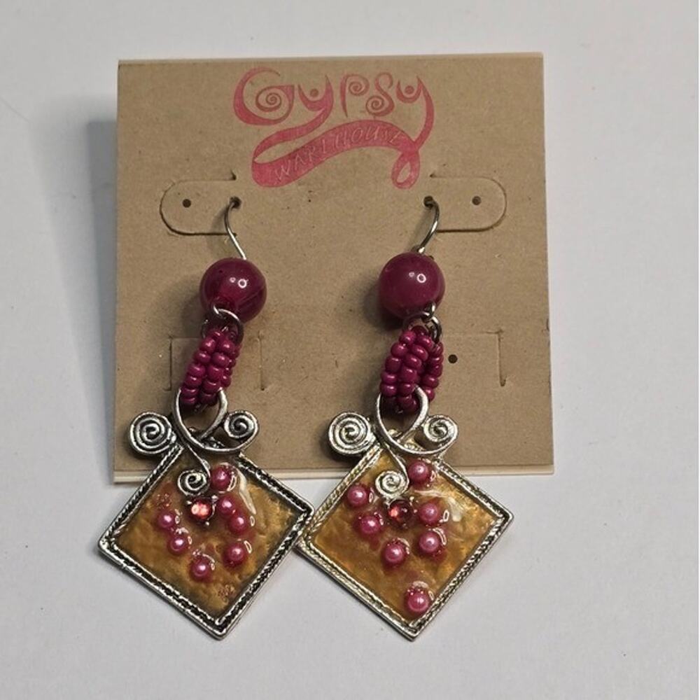Treska Gypsy‎ Pink Beaded Amber Resin Diamond Dangle Earrings Boho Silver Tone